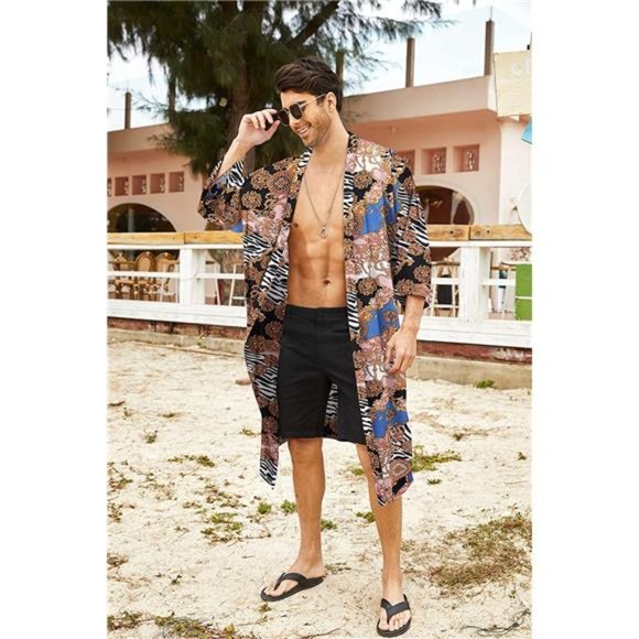 Swim Mens Lightweight Kimono Robe Jacket Printed Japanese Style